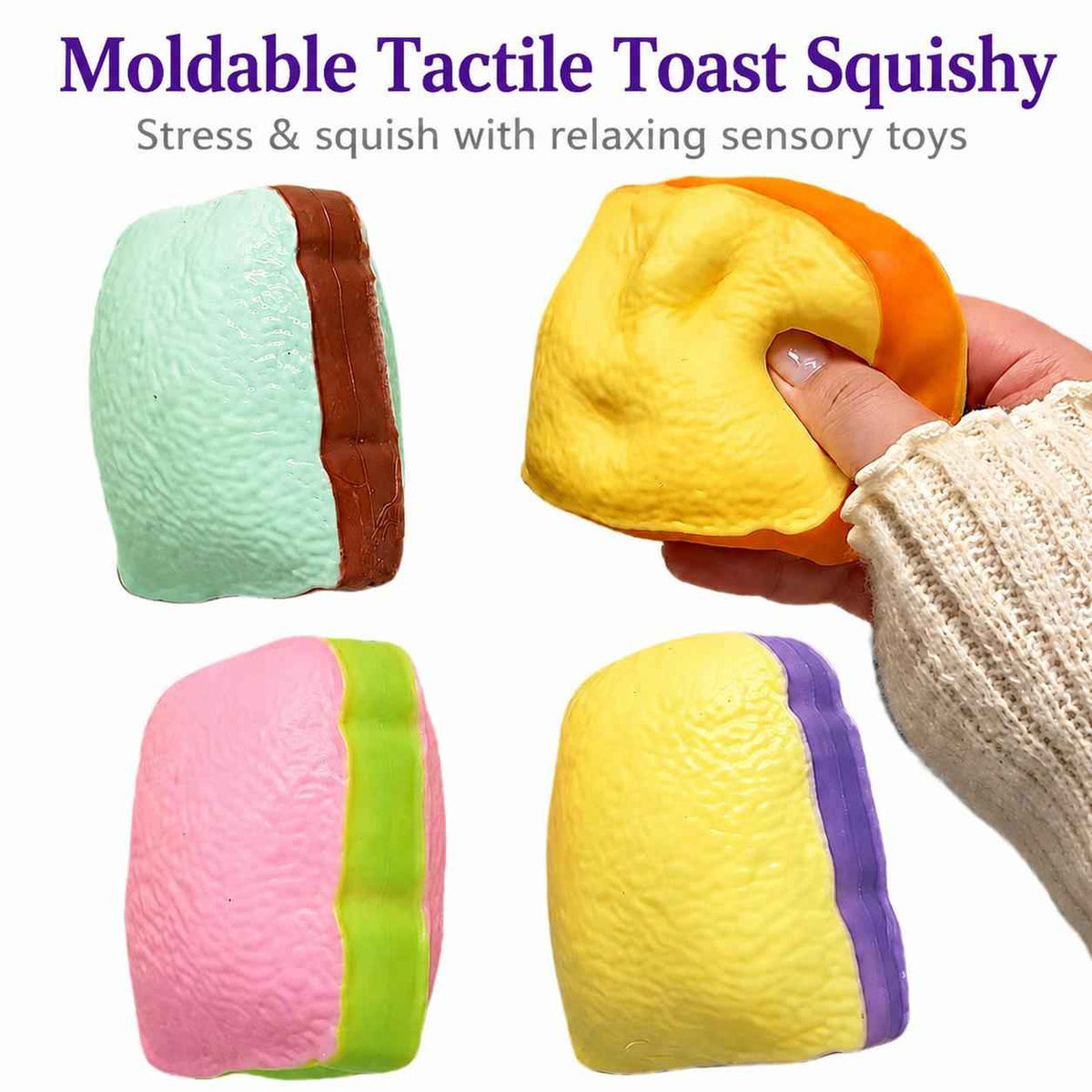 Toast Crunchy Squishy - Moldable Tactile Sensory Fidget Toy, Stress Relief Squeeze Toy in 4 Colours: Pink, Orange, Purple, Mint Green