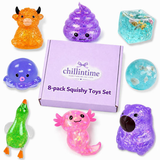Chillintime 8-Piece Assorted Squishy Toys Set, Slow Rebound Stress Relief Fidget Toys, Soft Kawaii Squishies, Creative Sensory Toys, Party & Holiday Gift, 8 Different Styles