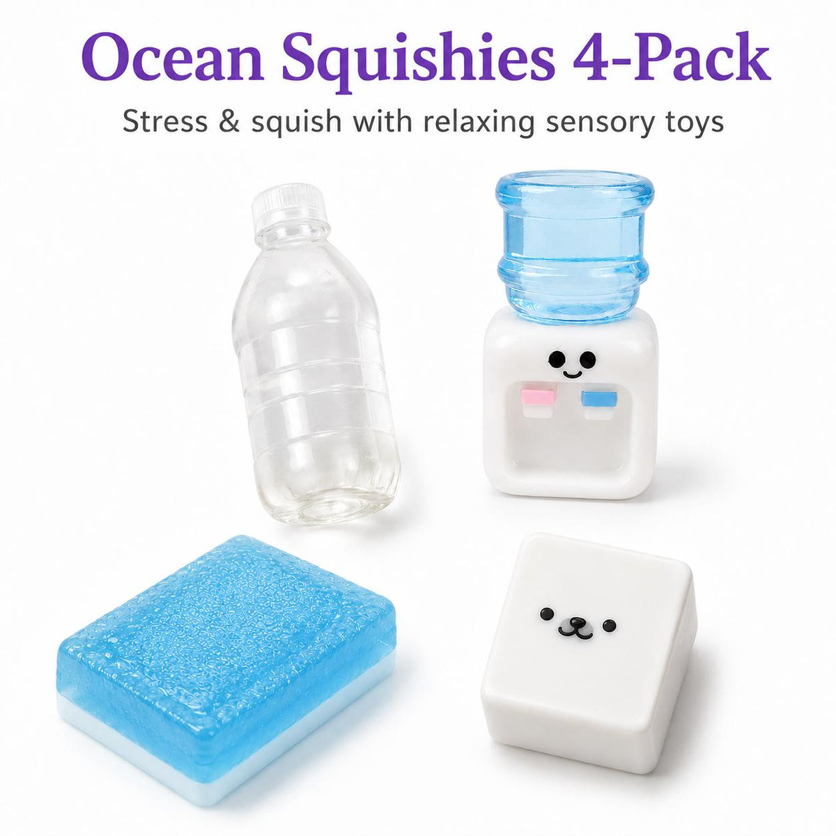 Kawaii Water-Themed Squishies 4-Pack | Stress Relief Sensory Toys for Calming Fidgeting Adventures